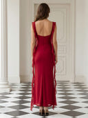 Chiffon Mermaid Square Neck Spaghetti Straps Long Wedding Guest Dresses with Ruffles
