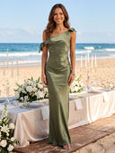 Satin Mermaid One Shoulder Long Wedding Guest Dresses with Bows
