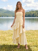 Chiffon A Line Square Neck Spaghetti Straps Long Wedding Guest Dresses with Ruffles