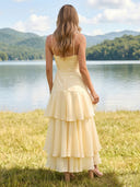 Chiffon A Line Square Neck Spaghetti Straps Long Wedding Guest Dresses with Ruffles