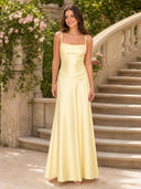 Satin A Line Square Neck Spaghetti Straps Long Wedding Guest Dresses with Drop Waist