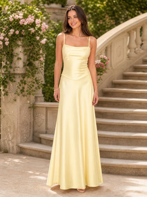 Satin A Line Square Neck Spaghetti Straps Long Wedding Guest Dresses with Drop Waist