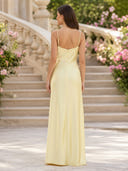 Satin A Line Square Neck Spaghetti Straps Long Wedding Guest Dresses with Drop Waist