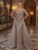 Sequin Mermaid Off Shoulder Long Evening Dresses with Train